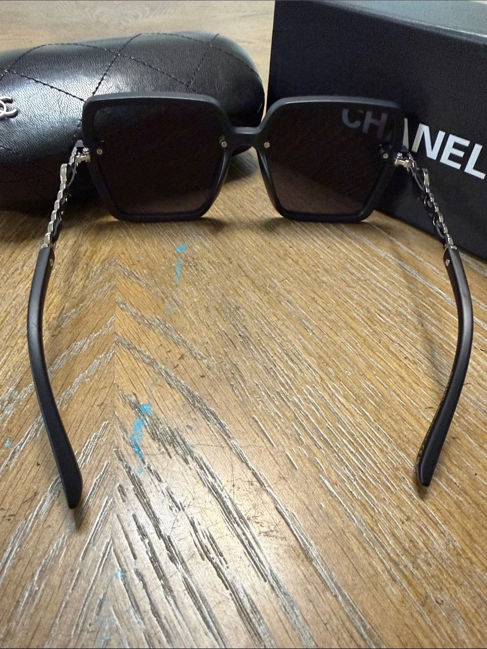 CHANEL Black Square Oversized Sunglasses with Silver CC Temples